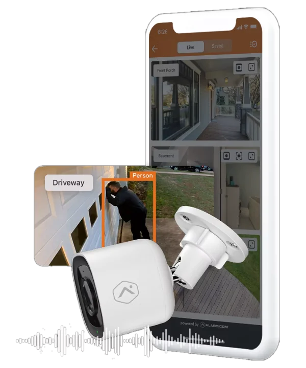 Phone app showing live camera views next to an outdoor camera