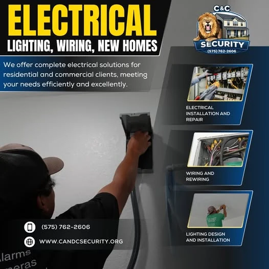C&C electrician working on an electrical box. Electrical: lighting, wiring, new homes. Installation and repair, wiring and rewiring, lighting design and installation.