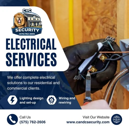 C&C electrician wiring an outlet. Electrical services: lighting design and set-up, wiring and rewiring.