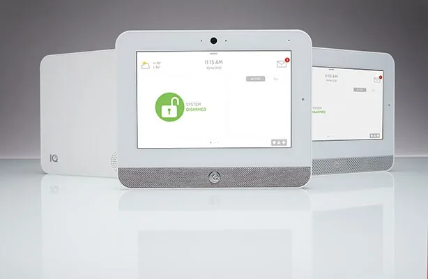 Touchscreen alarm panel showing the system disarmed